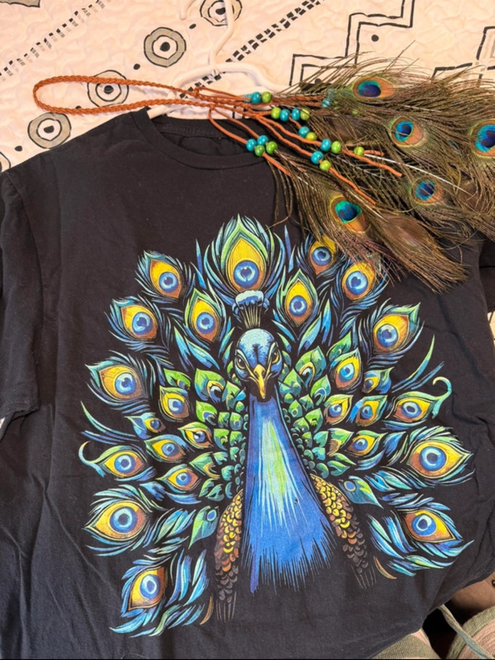 Vibrant Peacock Graphic Tee & Peacock Feather Beaded Headband